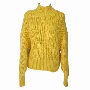 H&M Women S Yellow Chunky Knit Turtleneck Sweater Cropped Relaxed Fit Wool Blend